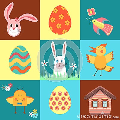 Happy easter. Set of cute illustrations for creating Easter cards, hunting invitations, banner, poster. Design elements, icons. Vector Illustration