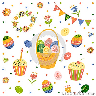 Happy easter. Set of Easter cake, basket of colored eggs, flowers, wreath, checkboxes. Hello spring. Isolated. Vector illustration Vector Illustration