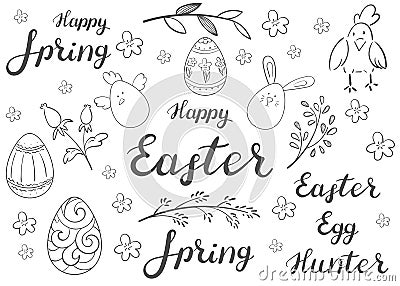 Happy easter. A set of eggs, lettering and floristic elements Vector Illustration
