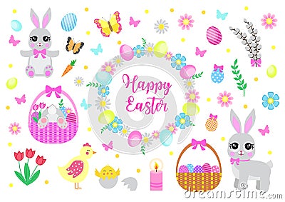 Happy Easter set objects, design elements. Spring collection with cute bunnies, flowers and Easter eggs. Vector Vector Illustration