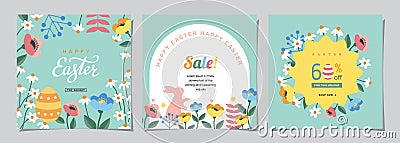 Happy Easter Set of Sale banners, social media, greeting cards, posters, holiday covers. Vector Illustration