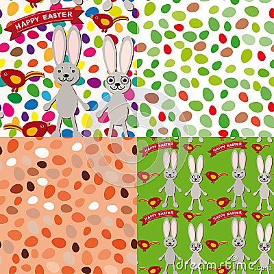 Happy Easter set of seamless pattern. Rabbit, eggs, bird, ribbon Vector Illustration