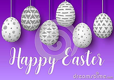 Happy Easter. Set of white pending easter eggs with different simple ornaments on purple background. Vector Illustration