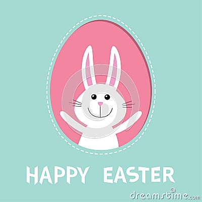 Happy Easter. Smiling bunny rabbit hare inside painted egg frame window. Dash line contour. Cute cartoon character. Baby greeting Vector Illustration