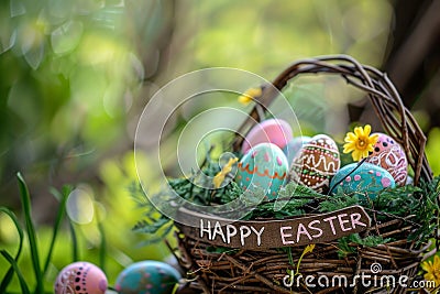 Happy easter Splashy Eggs Potting soil Basket. White gluten free easter basket Bunny nose twitching. confirmation card background Cartoon Illustration