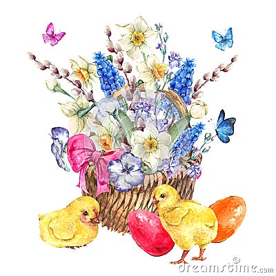 Happy Easter spring bouquet with daffodils in the wicker Cartoon Illustration