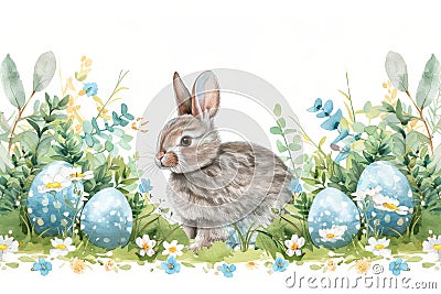 Happy easter spring day Eggs April Basket. White Festivity Bunny Vintage Card. Easter festal background wallpaper Cartoon Illustration