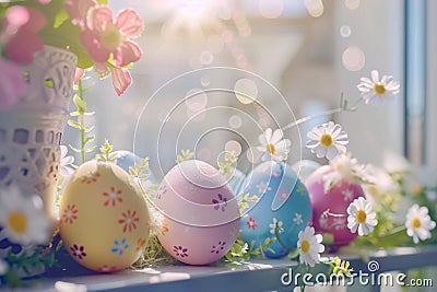 Happy easter spring green Eggs Blossom Ballad Basket. White Orange Cream Bunny easter bunny figurines. Rust background wallpaper Cartoon Illustration