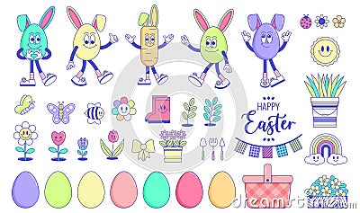 Happy Easter, spring holiday. Retro groovy cartoon character Eggs, Carrot, rabbit ears and elements. Vintage funky Vector Illustration