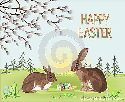 Happy easter spring landscape forest rabbit and hare and easter eggs in the grass with flowers vintage vector illustration editabl Vector Illustration