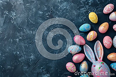 Happy easter spring revival Eggs Easter bonnet Basket. White sunny Bunny red azalea. Easter surprise background wallpaper Cartoon Illustration