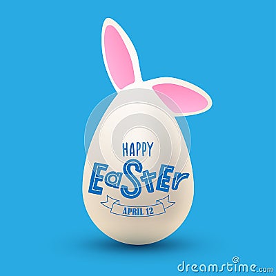 Happy Easter spring vector illustration. Easter egg and bunny ears with hand drawn lettering on blue background. Festive design fo Vector Illustration