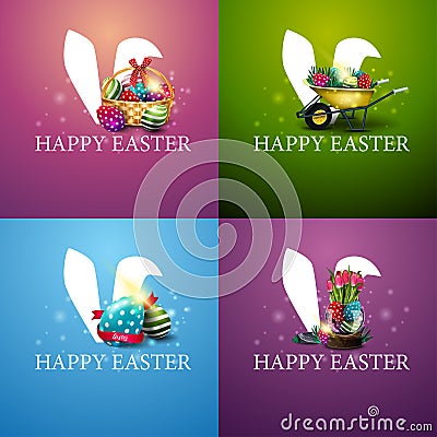 Happy Easter, square purple, pink, green and blue postcards Stock Photo