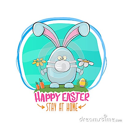 Happy easter stay at home greeting card with funny cartoon blue rabbit with medical face mask. Easter egg hunt hand Vector Illustration