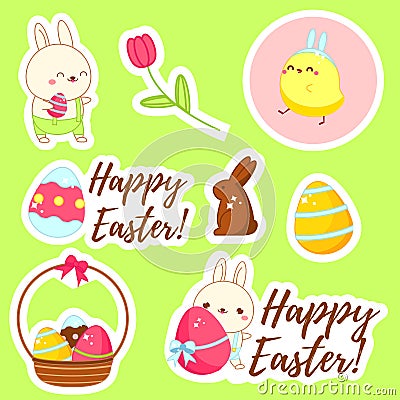 Happy Easter stickers. Set of Cute kawaii characters chicken and bunny Vector Illustration