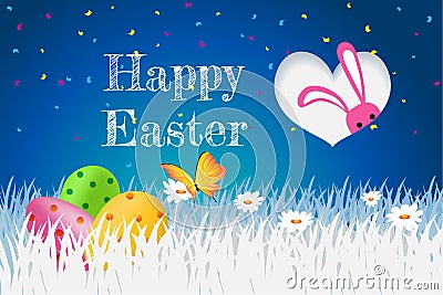 Happy Easter, Template card with eggs, grass, rabbit, flowers an Stock Photo