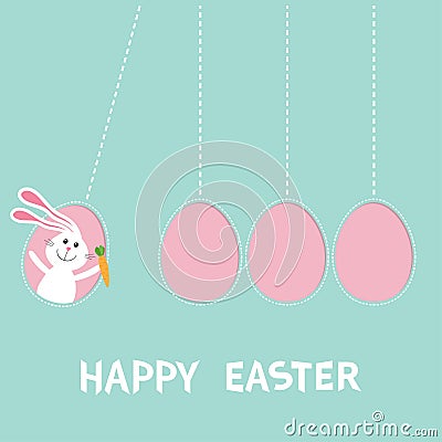 Happy Easter text. Hanging pink painting egg set. Bunny rabbit hare holding carrot. Dash line. Perpetual motion mobile. Greeting c Vector Illustration