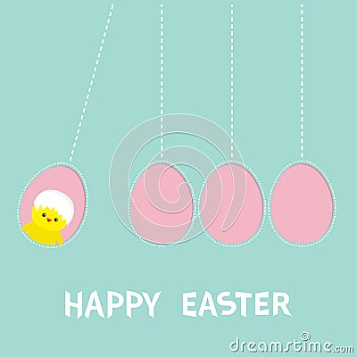 Happy Easter text. Hanging pink painting egg set. Chicken bird with shell. Dash line. Perpetual motion mobile. Greeting card. Flat Vector Illustration