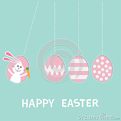 Happy Easter text. Hanging pink painting pattern egg set. Bunny rabbit hare holding carrot. Dash line. Perpetual motion mobile. Gr Vector Illustration