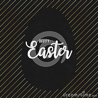 Happy Easter text lettering with gold lines and silhouette of blank paschal egg at black grunge background. Vector Vector Illustration