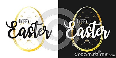 Happy Easter text lettering on set of Easter card with silhouette of gold paschal eggs made by brush stroke. Vector Vector Illustration