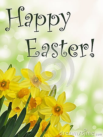 Happy easter text with yellow daffodils and green sunny abstract bokeh background Stock Photo