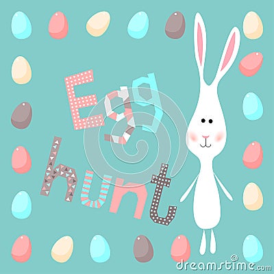 Happy easter theme. Funny cartoon white rabbits and eggs. Egg hunt card template. Vector Illustration