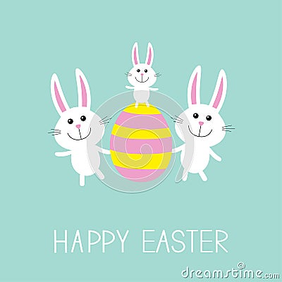 Happy Easter. Three bunny rabbit family and striped egg. Flat design. Vector Illustration