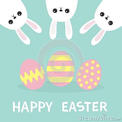 Happy Easter. Three bunny rabbit hanging upside down. Picaboo. Painted pattern egg set. Flat design. Funny head face. Cute kawaii Vector Illustration