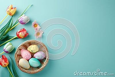Happy easter tulip bridesmaid Eggs Egg adventure Basket. White portable basket Bunny turquoise blue. reparation background Cartoon Illustration