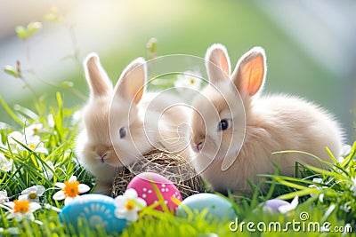 Happy easter typeface area Eggs Verdant Basket. Easter Bunny Respite jolly. Hare on meadow with muted easter background wallpaper Cartoon Illustration