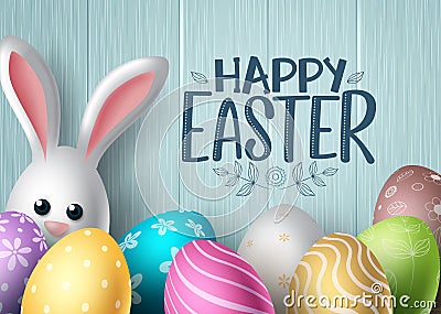 Happy easter vector background design. Happy easter text with colorful egg patterns and cute bunny rabbit Vector Illustration