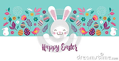 Happy Easter, vector banner with flowers, eggs and bunnies Vector Illustration