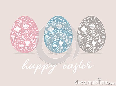 Happy Easter Vector Card. Cute Eggs in 3 Diferent Colors Isolated on a Beige Background. Vector Illustration