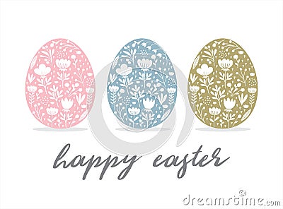 Happy Easter Vector Card. Cute Eggs in 3 Diferent Colors Isolated on a White Background. Vector Illustration