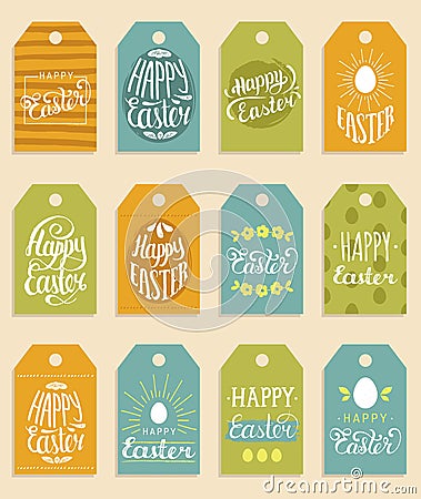 Happy Easter vector hand lettering greeting cards set. Religious holiday vector illustrations for labels, stickers etc. Vector Illustration