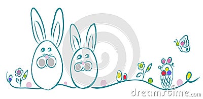 Happy Easter. Vector illustration banner. Egg bunny flower butterfly basket. Easter decoration background Vector Illustration