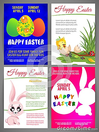 Happy easter vector illustration Flyer templates Set of newborn chiÑken and rabbit, colorful eggs, silhouette of rabbit and egg Vector Illustration