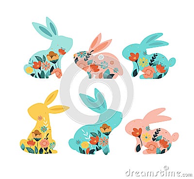 Happy Easter vector illustrations of bunnies, rabbits icons, decorated with flowers Vector Illustration