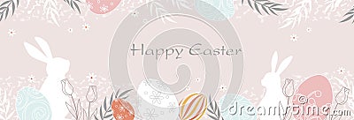 Happy Easter Vector Seamless Greeting Card Template With Pink Background. Stock Photo