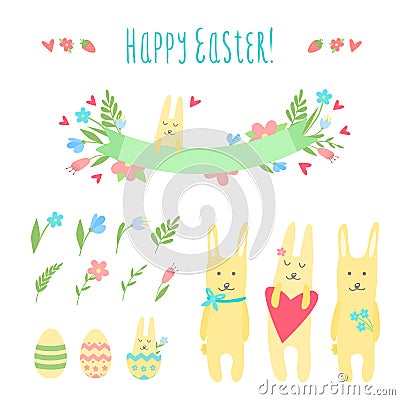 Happy Easter vector set with bunnies Vector Illustration