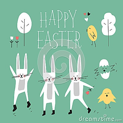 Happy easter vector set. Bunny, rabbit, chick, tree, flower, heart, lettering phrase. Spring forest elements for design Vector Illustration