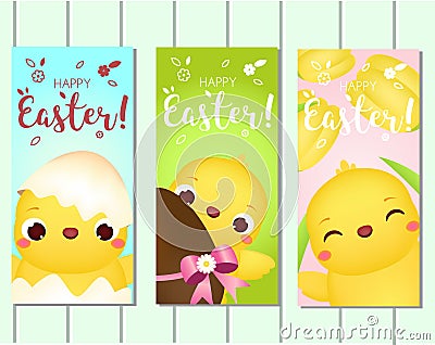 Happy Easter vertical banner. Cute cartoon chickens with eggs and flowers. Template Collection for spring seasonal design Vector Illustration