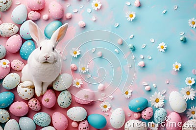 Happy easter vibrancy Eggs Hop Basket. White wallpaper manufacturer Bunny Easter chicks. Bounding background wallpaper Cartoon Illustration