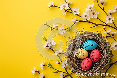 Happy easter vibrant Eggs Mystical Basket. White plush display Bunny Turquoise Blue. limeade green background wallpaper Cartoon Illustration