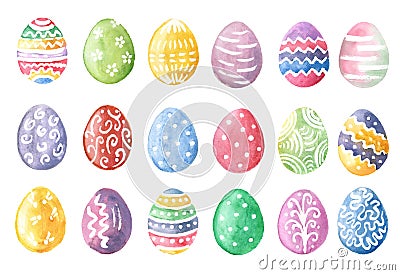 Happy Easter. Watercolor set of hand drawn colored Easter eggs Stock Photo