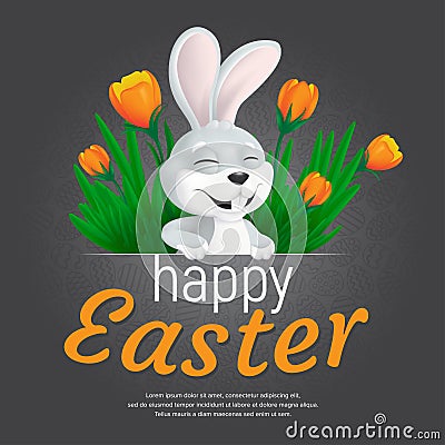 Happy Easter web banner or poster template. Vector square postcard illustration with cute smiling bunny and tulips on seamless Vector Illustration