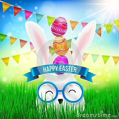 Happy Easter with White Bunny and Easter Eggs Over on Head Vector Illustration