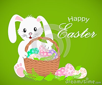 Happy Easter white rabbit and basket with Easter eggs. Vector Illustration