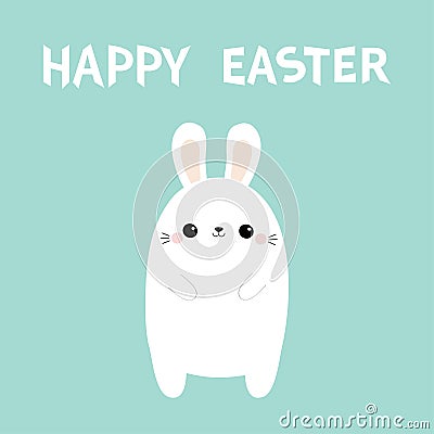 Happy Easter. White rabbit bunny. Cute kawaii cartoon character. Funny head face. Big ears. Paw print hands. Baby greeting card. Vector Illustration